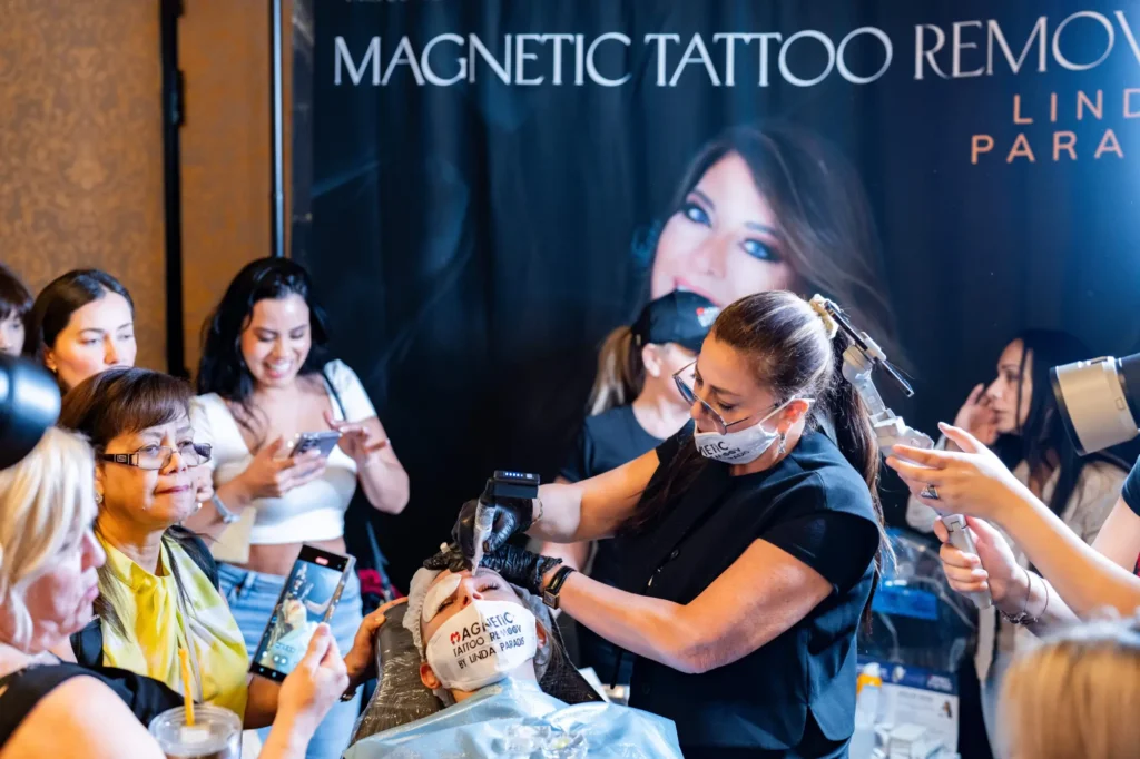 Mrs. Linda Paradis. The Inventor of Magnetic Tattoo Removal Techniques Performing Microblading Removal Technique on the Stage of Las Vegas PMU Conference 2024
