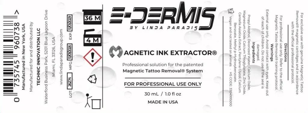 E-Dermis Magnetic Ink Extractor: Product Label and Ingredients